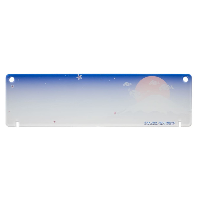 A decorative office sign featuring a gradient blue to white background with a subtle sunset and cherry blossom designs.