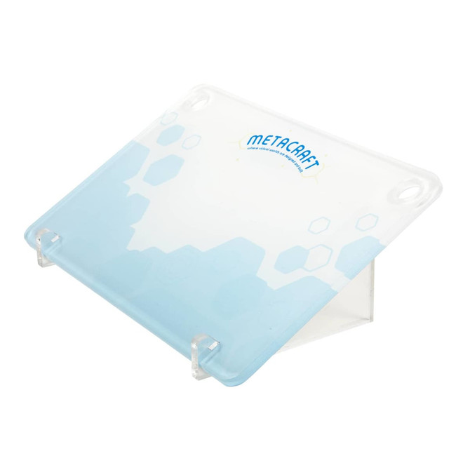 A transparent blue desk organizer with a hexagonal design and a logo at the top. It features clear supports for stability.