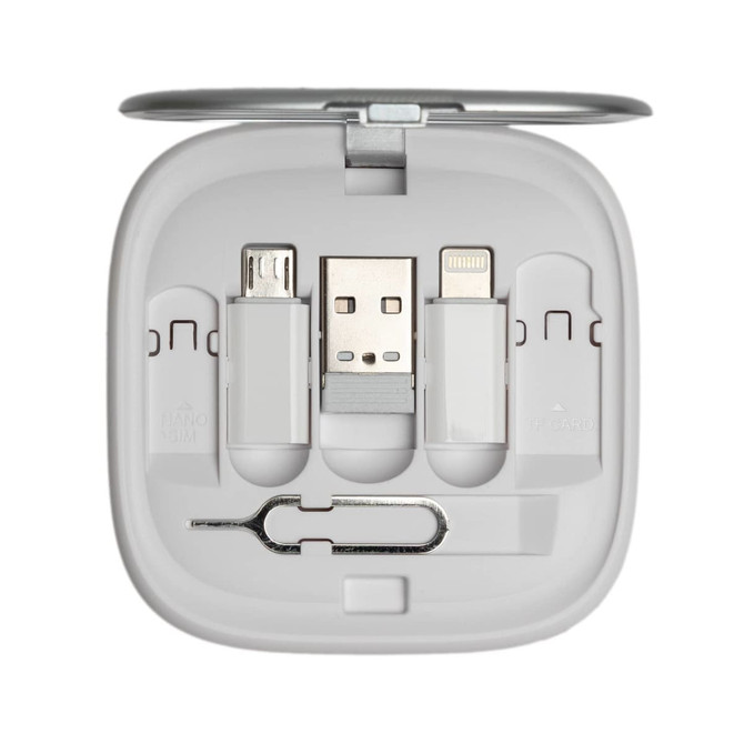 A compact white storage case containing three retractable charging cables and a SIM card ejector tool.