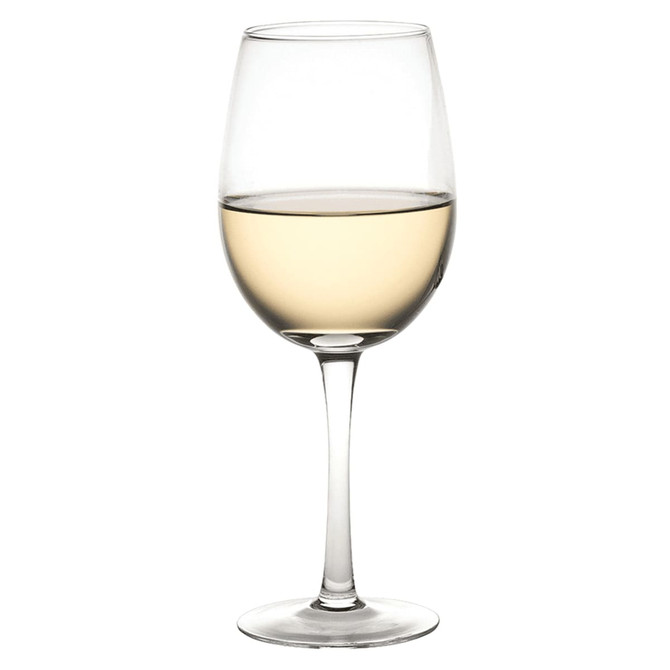 A wine glass with a clear design, holding white wine, featuring a slight curve at the top and a slender stem.