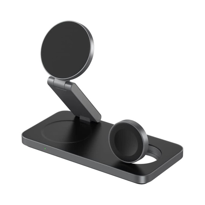 A black 15W 3-in-1 magnetic wireless charging station with multiple charging options and a sleek design.
