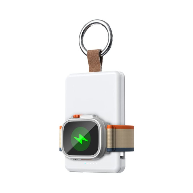 A power bank with a magnetic watch attachment, featuring a white body, grey strap, and an orange accent.