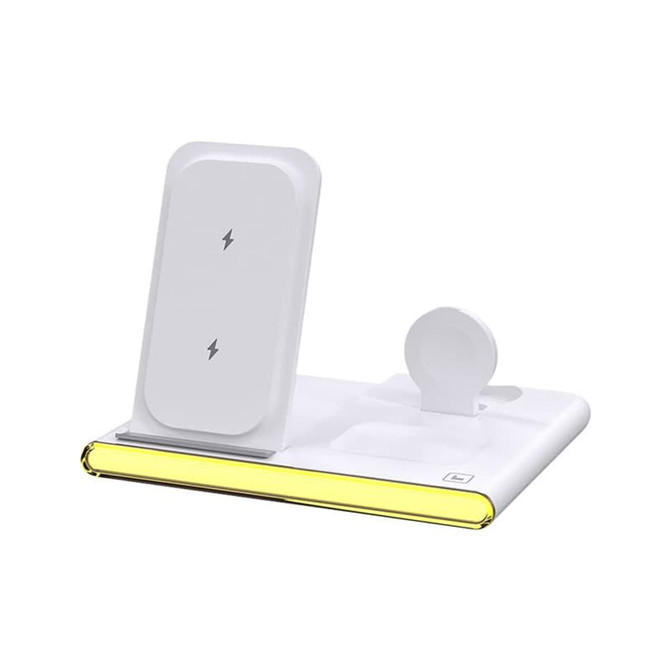 A white magnetic wireless charger with a USB adaptor, featuring a sleek design and yellow accent along the base.