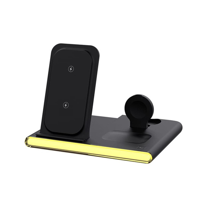 A black Haines 15W 3in1 magnetic wireless charger and USB adaptor with a sleek design and an integrated logo.