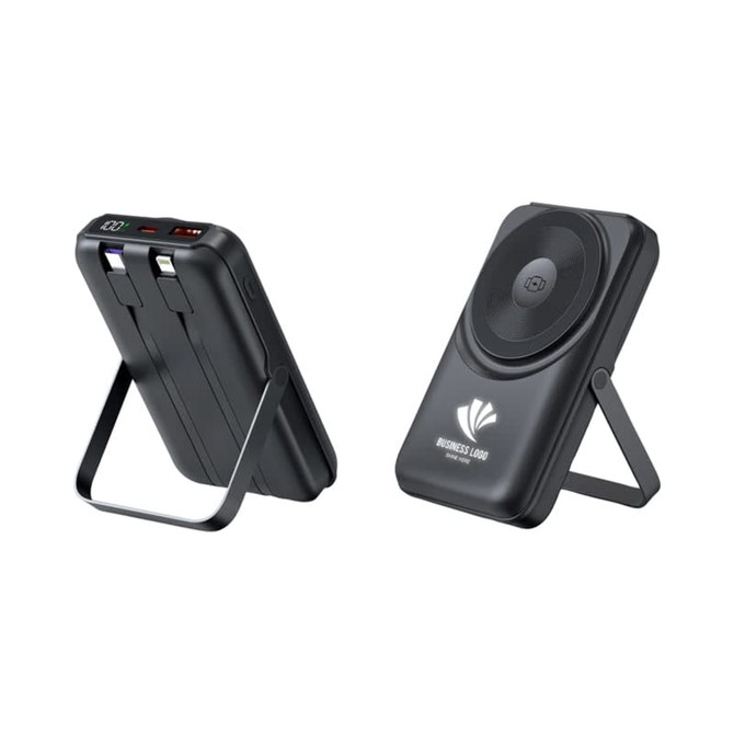 A black wireless power bank with a stand, featuring multiple ports and a charging pad.