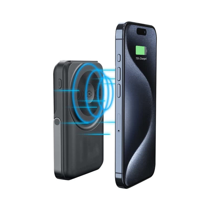 A black wireless power bank positioned next to a smartphone, illustrating charging functionality with a logo present.