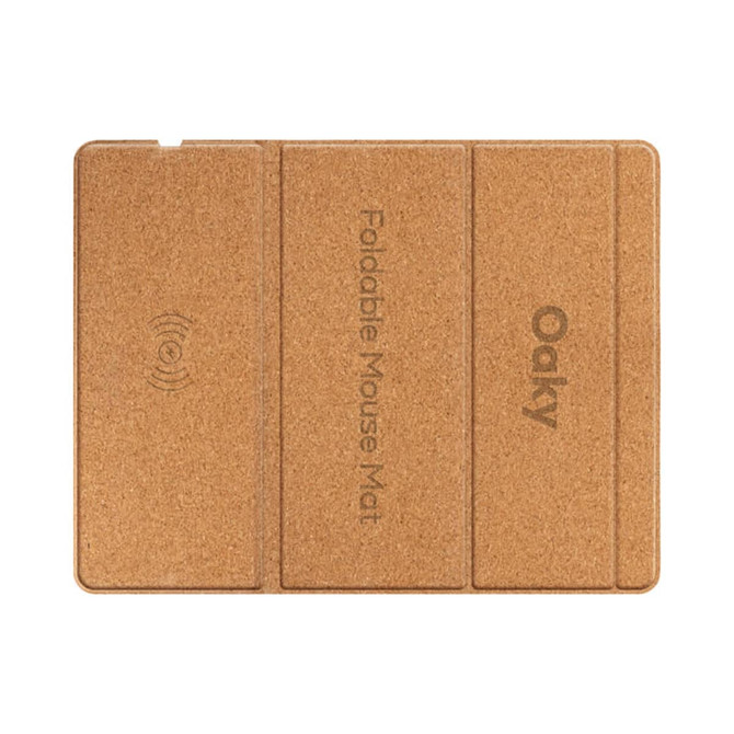 A foldable wireless charging mouse pad in a natural cork colour, featuring a branded logo.