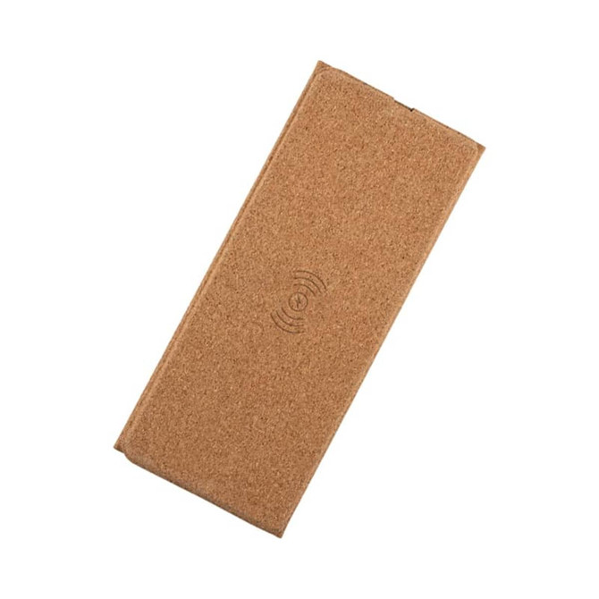 A beige eco-friendly foldable wireless charging mouse pad with a textured surface and a logo.