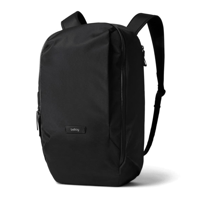 A black backpack featuring a sleek design, adjustable straps, and a logo on the front. Suitable for work or daily use.