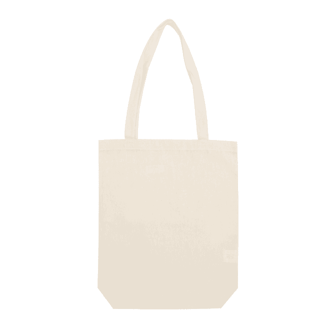 A natural-coloured hemp tote bag with a gusset and two shoulder straps. It features a logo.