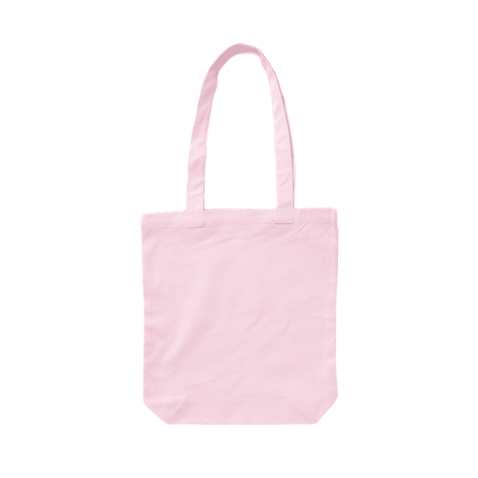 A pink canvas tote bag with long handles and a blank surface. It has a simple design and features a logo.