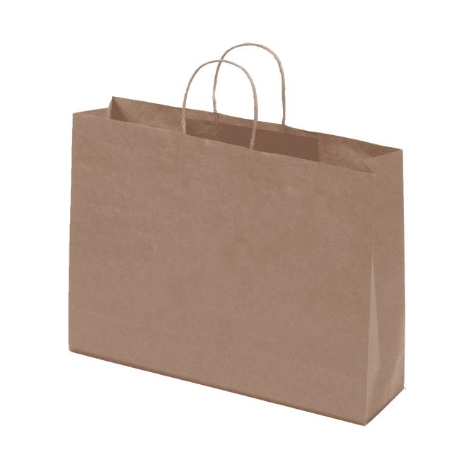 A brown kraft paper bag with twisted paper handles, featuring a simple landscape design.