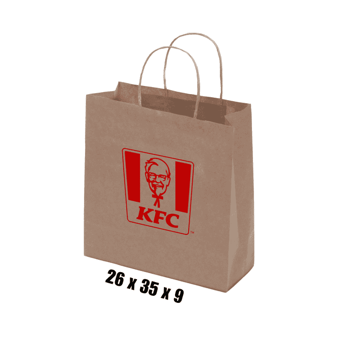 A medium brown kraft paper bag with twisted paper handles and a logo on the front. Dimensions are 26 x 35 x 9 cm.