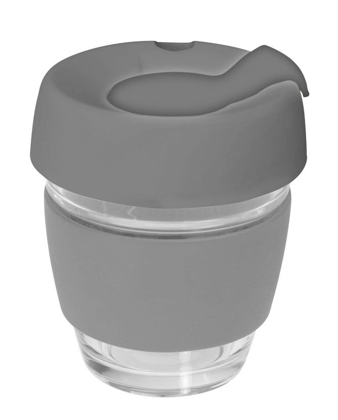 A drink bottle featuring a grey silicone lid and band with a clear glass body, designed for reusable coffee.