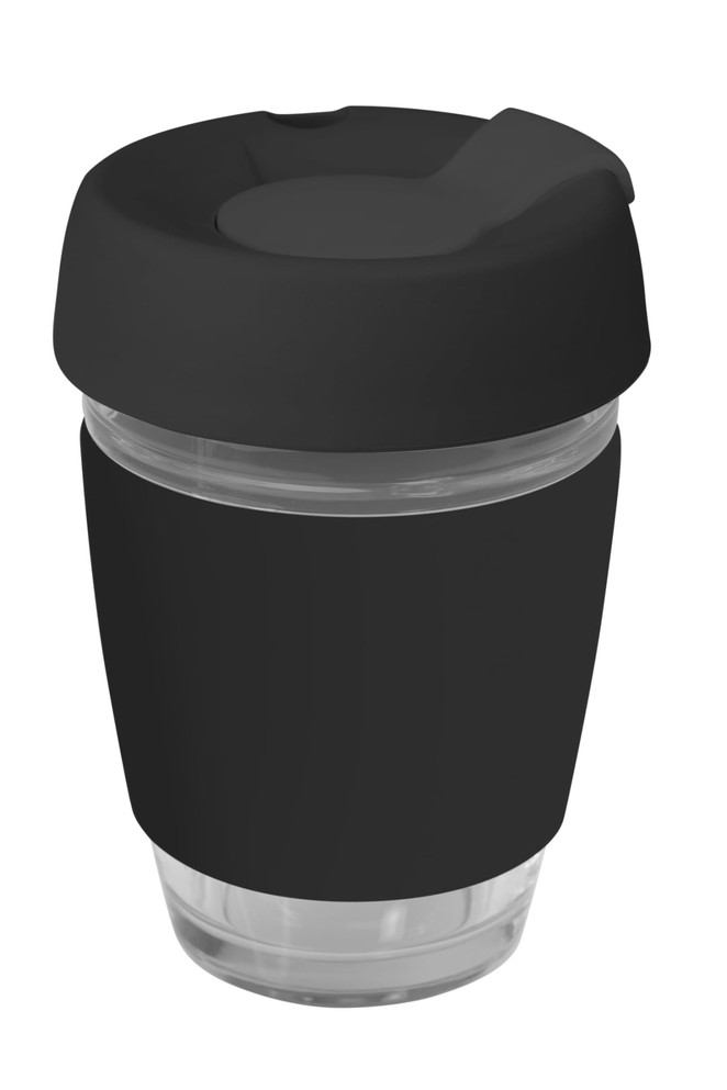 A drink bottle featuring a clear glass body, black silicon lid, and band. Suitable for reusable coffee use.