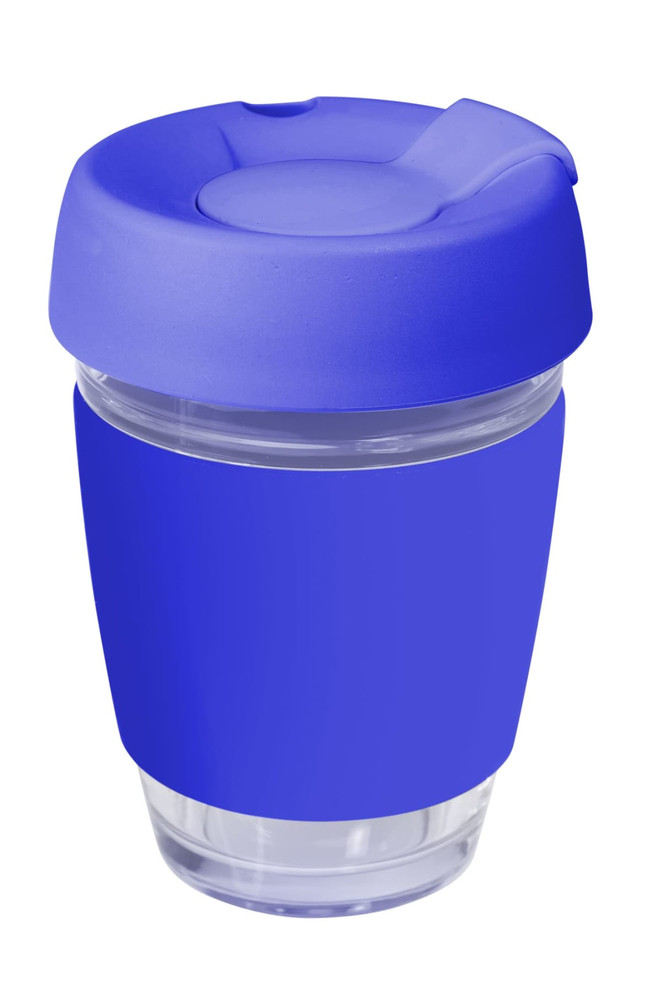 A drink bottle featuring a transparent glass body with a vibrant blue silicone lid and band.