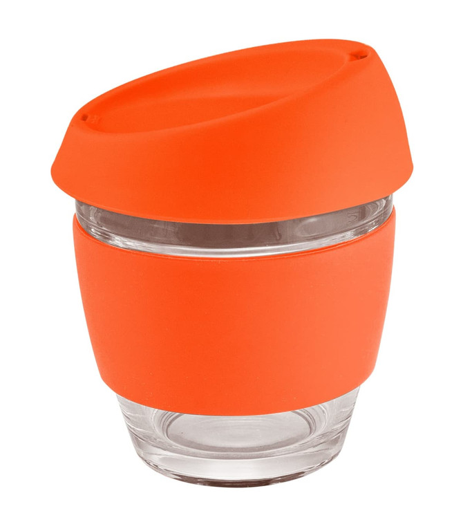 A glass coffee cup with a clear body and an orange silicone lid and band. It has a modern design and a logo.