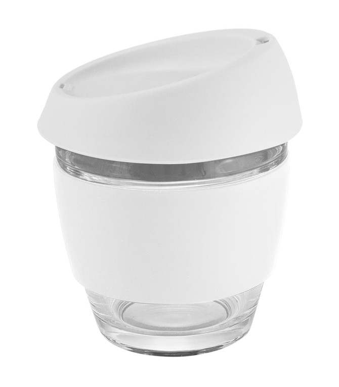 A coffee cup made of glass, featuring a white silicone lid and band, with a clear glass base.