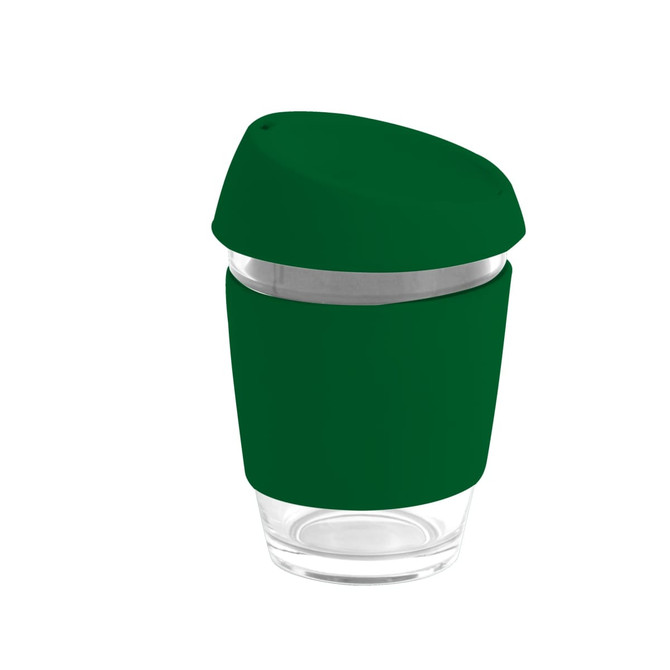 A reusable glass coffee cup with a green silicone lid and band, featuring a clear glass body.