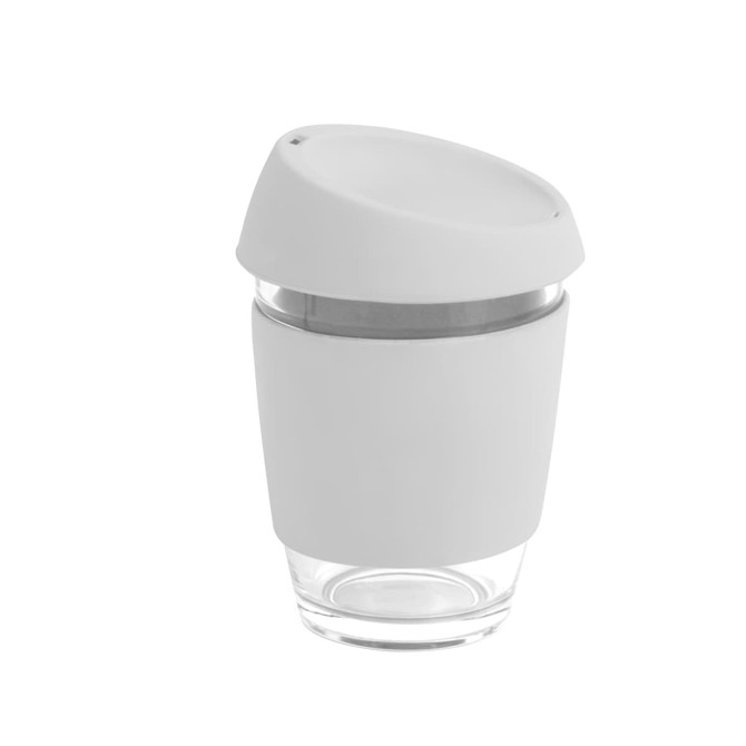 A reusable glass coffee cup in white with a silicon lid and band, featuring a transparent base.