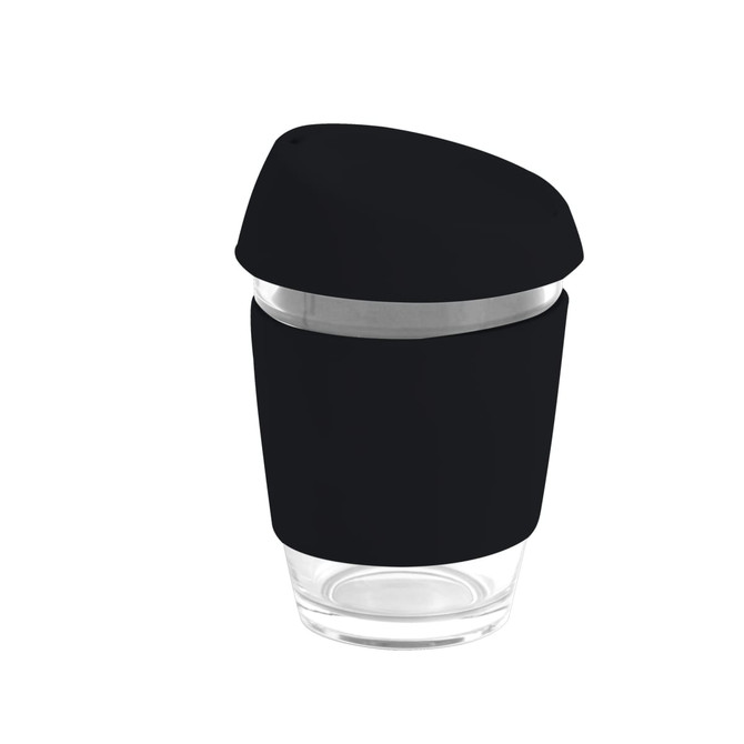 A reusable glass coffee cup in black, featuring a silicone lid and band. It has a capacity of 350ml.