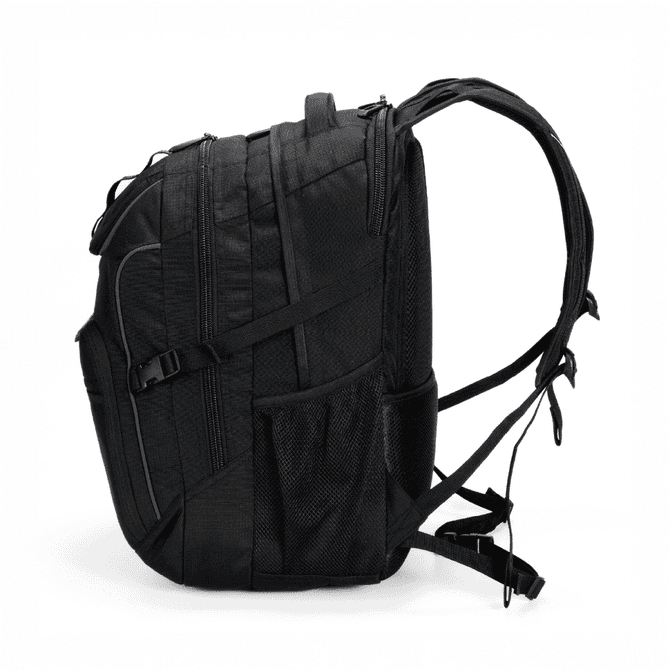 A black backpack featuring multiple compartments, zippers, and adjustable straps, with a side mesh pocket and a logo.