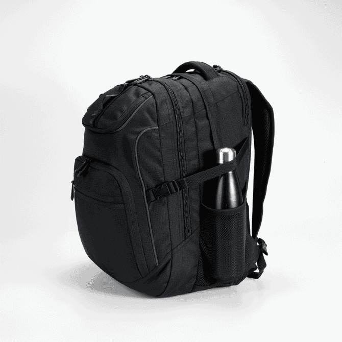 A black backpack with multiple compartments and a side pocket holding a drink bottle. It features a logo.