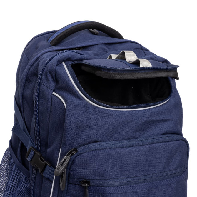 A navy blue backpack with a top opening and mesh side pockets, featuring a branding logo.