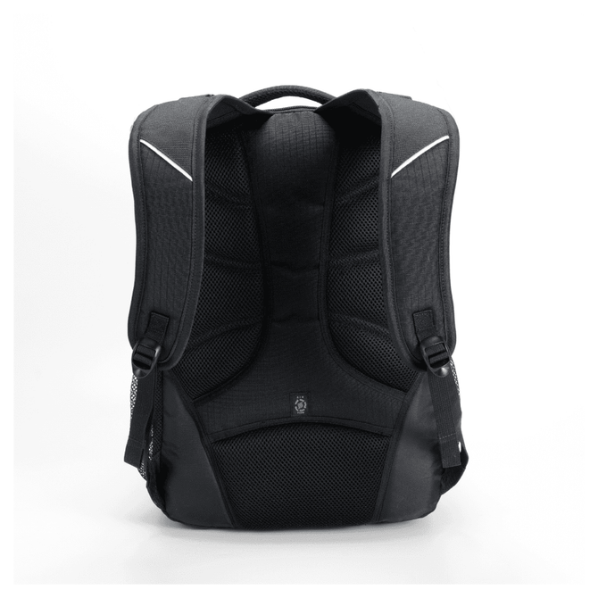 A black backpack featuring padded mesh sections, adjustable straps, and a logo on the front.