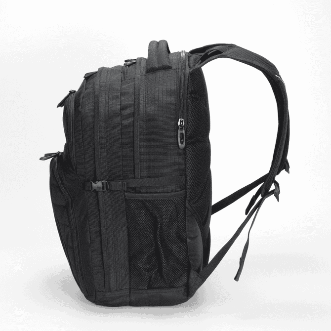A black Fitzroy Backpack featuring multiple compartments and mesh side pockets, with a sleek, modern design.