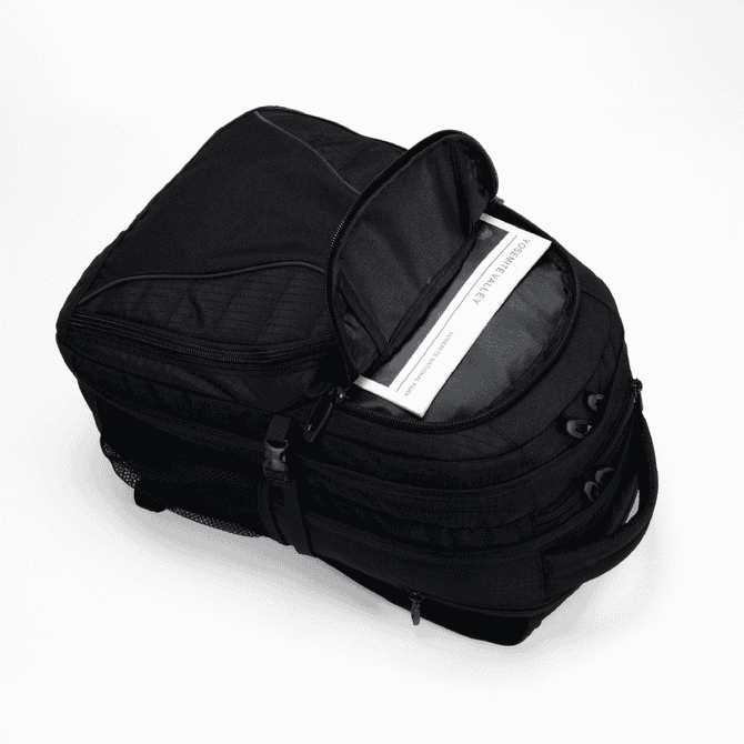 A black backpack with multiple compartments, featuring a front pocket and mesh side pockets, and a logo.