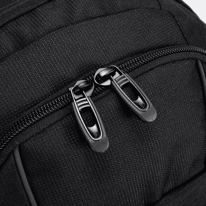 A black backpack featuring dual zip closures and a textured fabric surface, with a branding logo present.