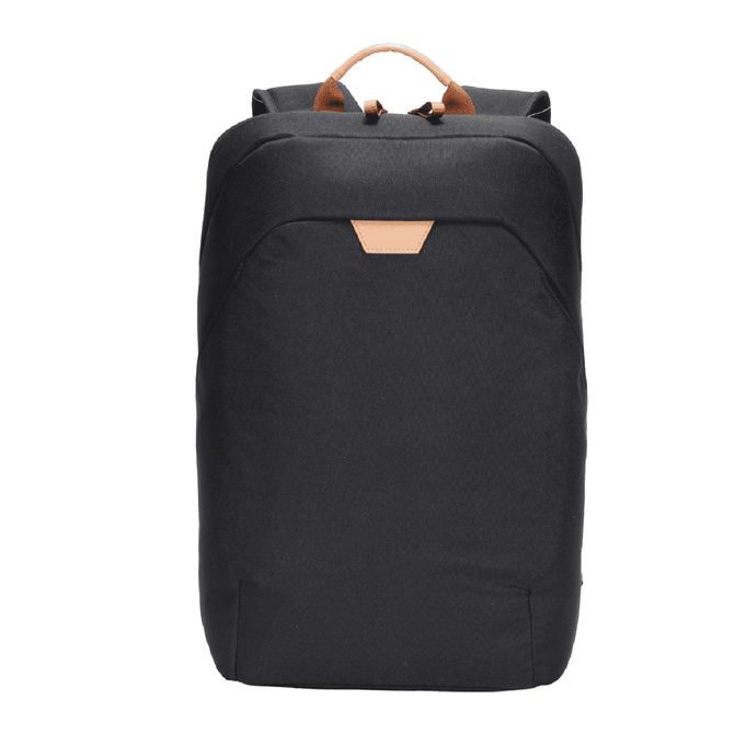 A black backpack with a structured design and a tan leather accent at the top, featuring a subtle logo.