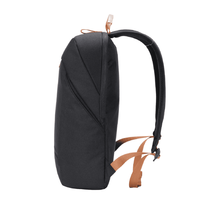 A sleek black backpack features leather-like straps and a minimalistic design. It has a logo on the front.