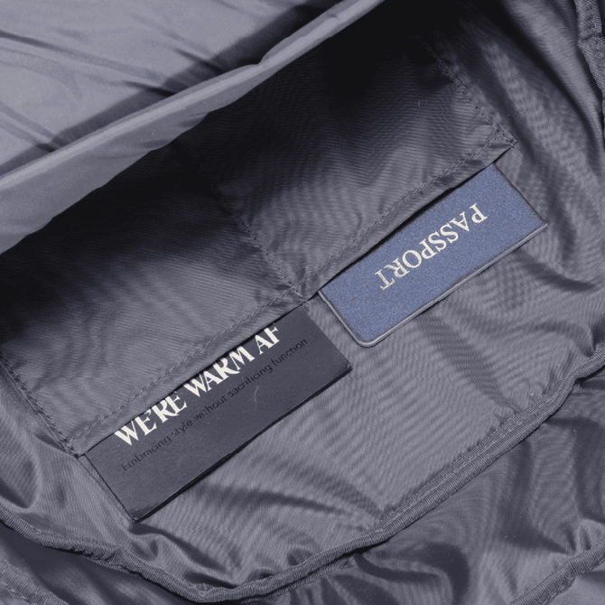 Interior view of a grey backpack featuring compartments for a passport and other items, with a logo present.