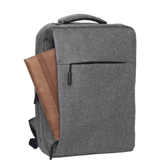 A grey backpack featuring a front pocket and a brown item partially visible inside. It has a logo on the front.