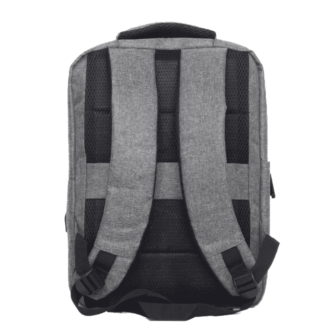 A grey Blackburn Backpack featuring padded shoulder straps and a textured back panel. It includes a logo.