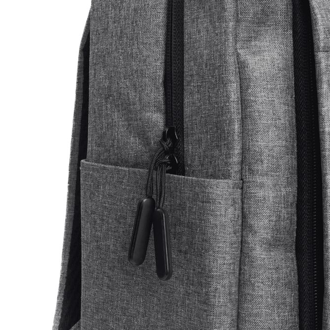 A grey backpack with zippered compartments and a front pocket featuring black zip pulls. It has a logo.