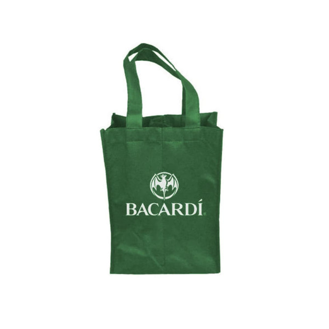 A drink bottle bag in green, featuring a logo, designed to hold two bottles securely.