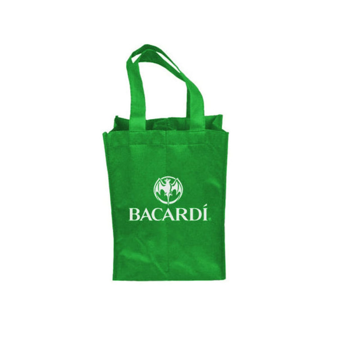A green tote bag with two handles, featuring a logo on one side, suitable for carrying two bottles.