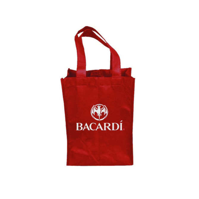 A drink bottle bag in red, featuring dual handles and a logo. Suitable for carrying two bottles.