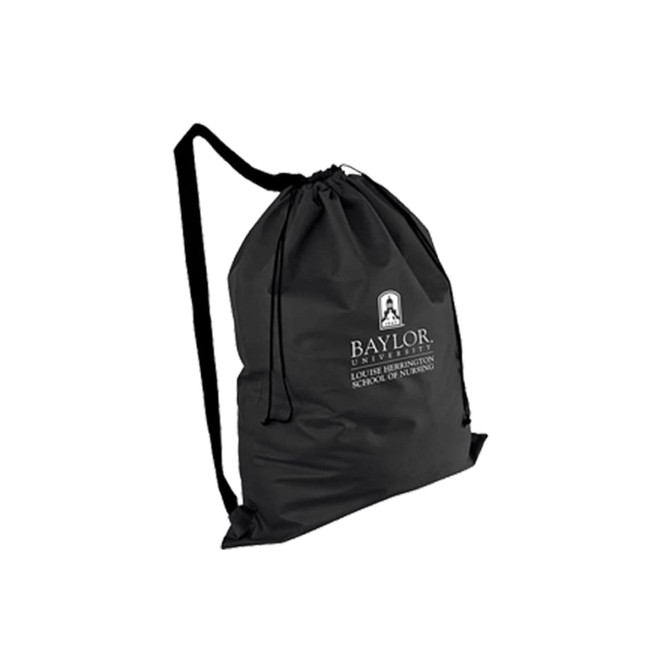 A black non-woven duffel bag with drawstring closure and an over-the-shoulder strap, featuring a logo.