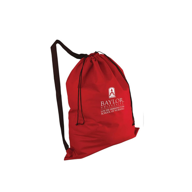 A red non-woven laundry duffel bag with an over-the-shoulder strap and a logo.