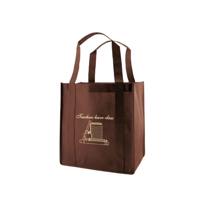 A large brown reusable grocery bag with two sturdy handles and a logo.