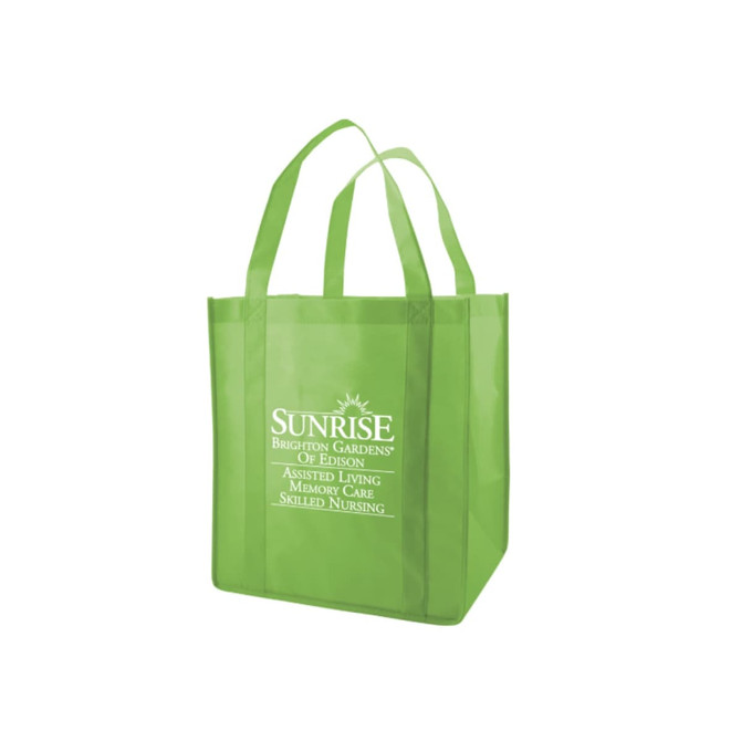 A bright green extra-large non-woven shopping bag with two handles and a logo on one side.