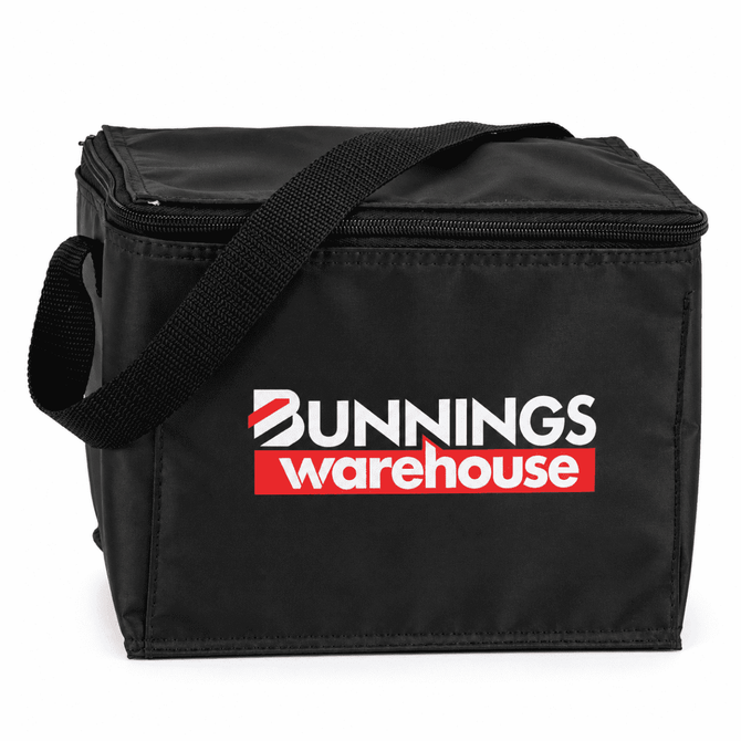 A black cooler bag with a zippered top and a shoulder strap, featuring a logo on the front.