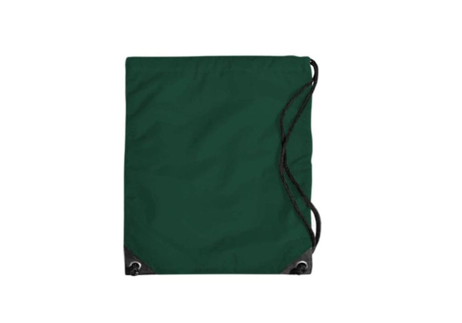 A green duffle bag with drawstring closure and black accents, featuring a logo.