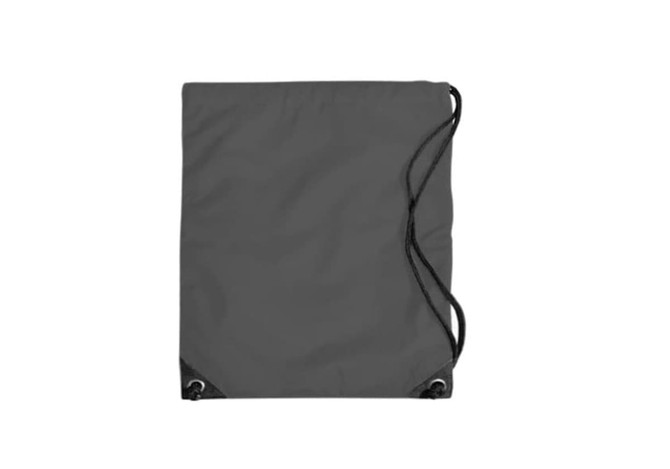A grey duffle bag with drawstring closure and corner eyelets. It features a logo.