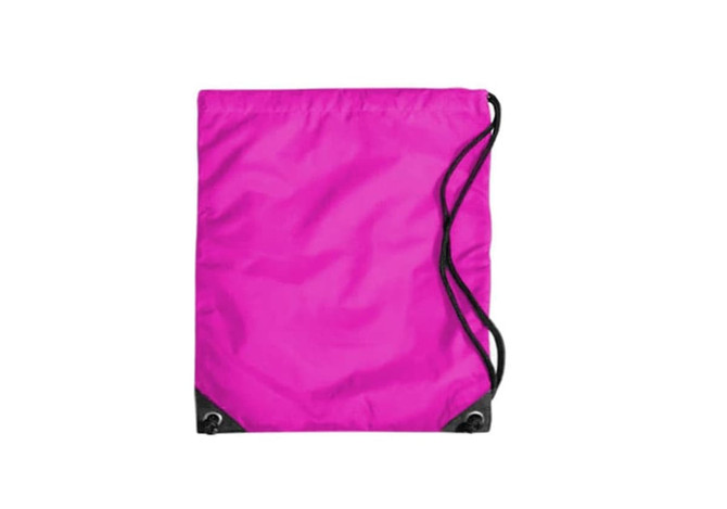 A pink duffle bag with black accents and drawstring closure. It features a logo on the front.
