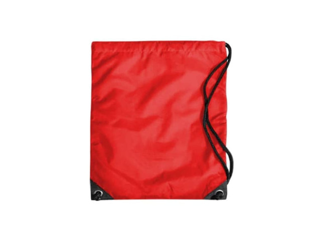 A red duffle bag with a drawstring closure and black accents, featuring a logo.